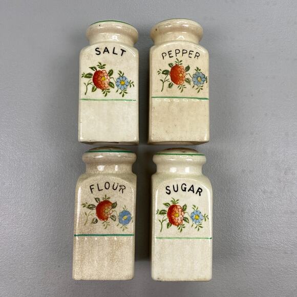 Unbranded Other - Vintage Shaker Set Salt Pepper Flour Sugar Floral Ceramic Hand Painted Japan 50s